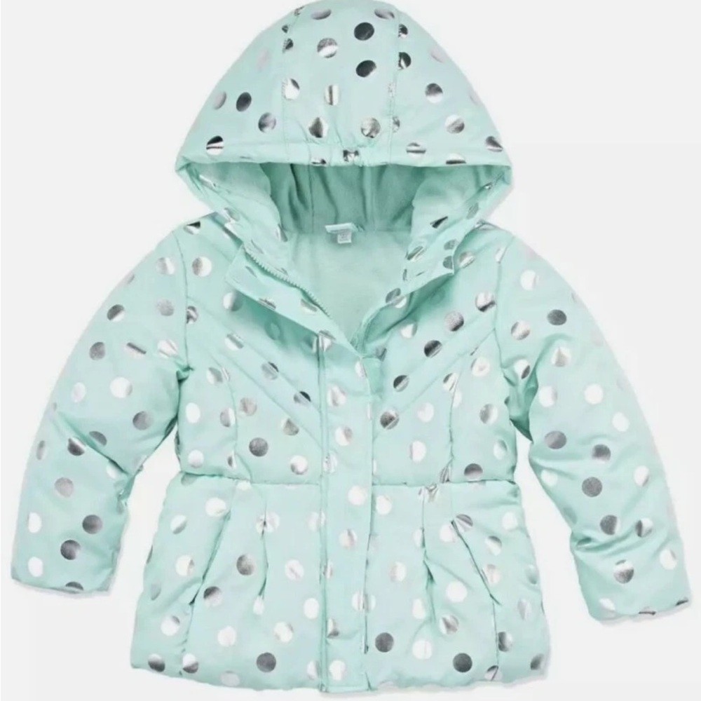 Okie Dokie Mint Green Puffer Jacket with Silver Dots Girls Size 2T